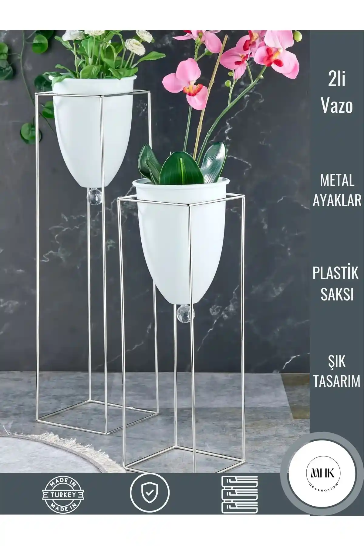 MHK Collection Gümüş Renkli 2'li Büyük Ayaklı Vazo ve Çiçeklik Seti ile Estetik Dokunuş