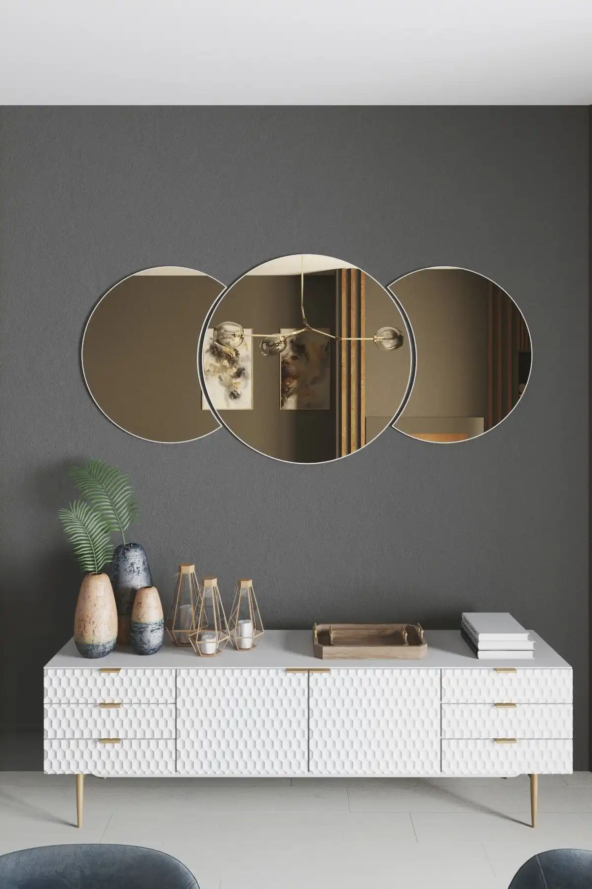 Mirror Art Dekoratif Bronz Ayna: 3 Parçalı Modern Tasarım ile Şıklık