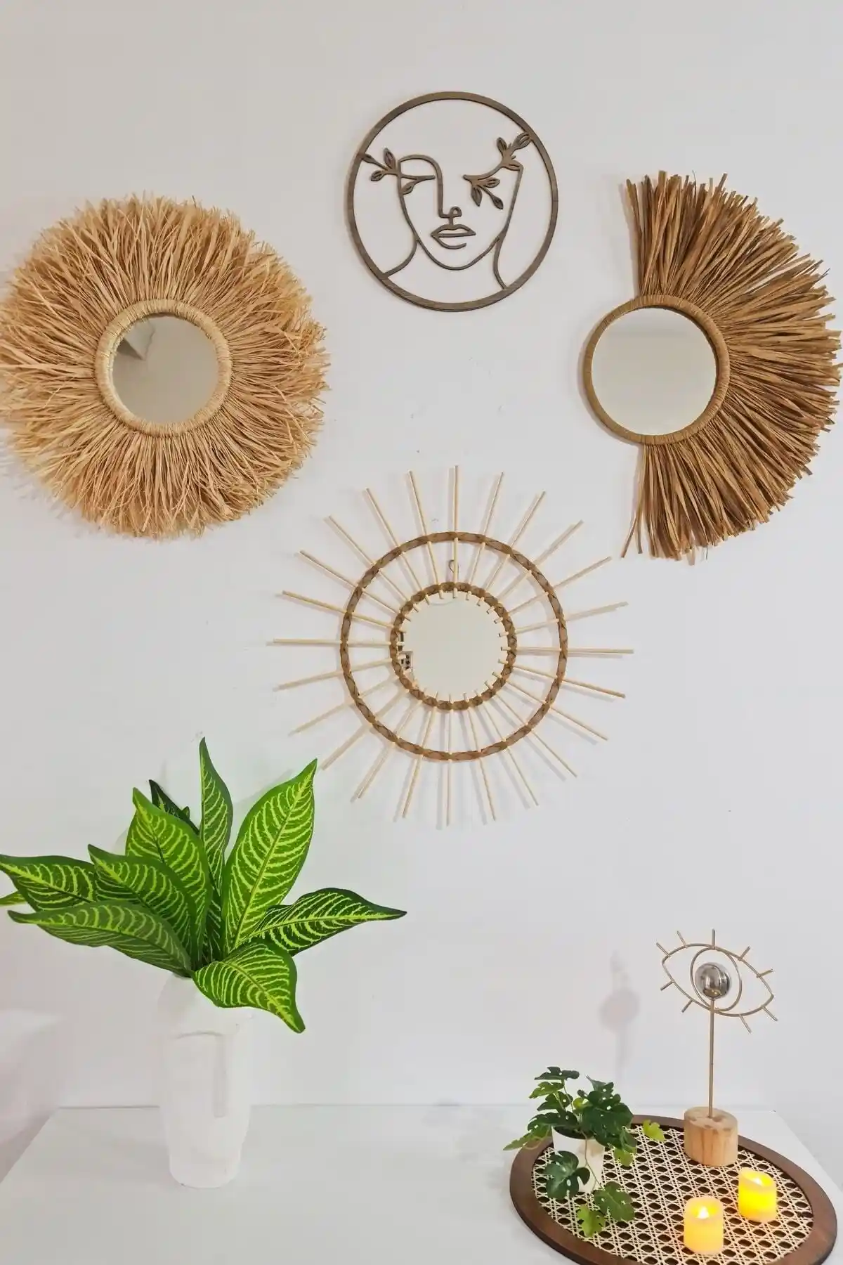 Bubihome Koyu Hardal Rafya ve Bambu Ayna Seti ile Modern Dekora Dönüşüm