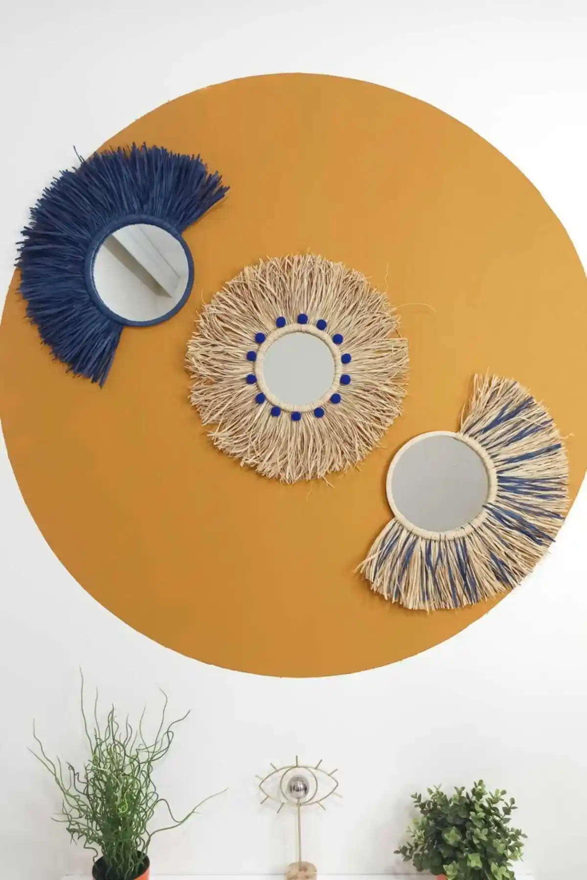 Bubihome Lacivert Ponponlu Bohem Hasır Rafya Ayna Seti ile Evinizin Estetiğini Artırın