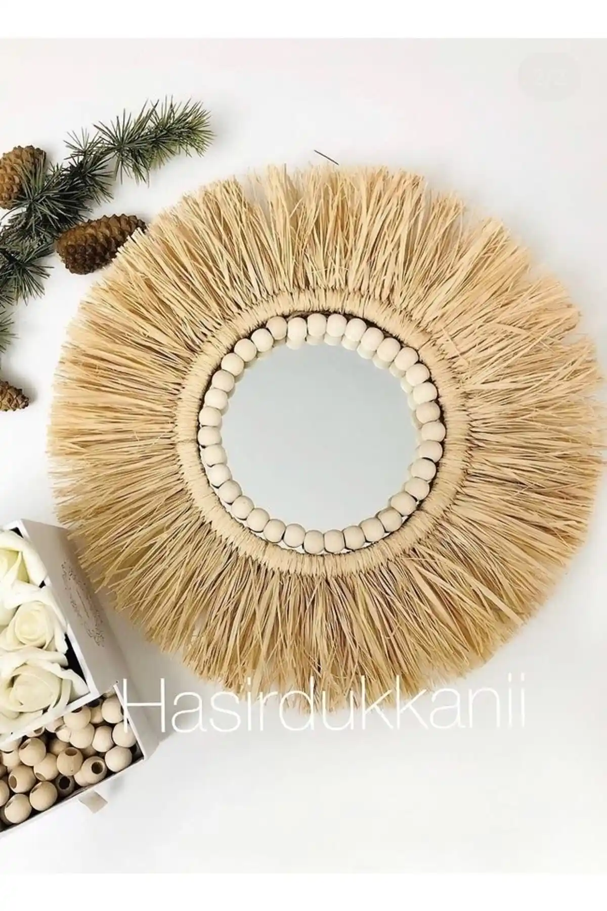 Hasırdukkanii Doğal Muz Lifi Ahşap Boncuklu El Yapımı Duvar Aynası İncelemesi