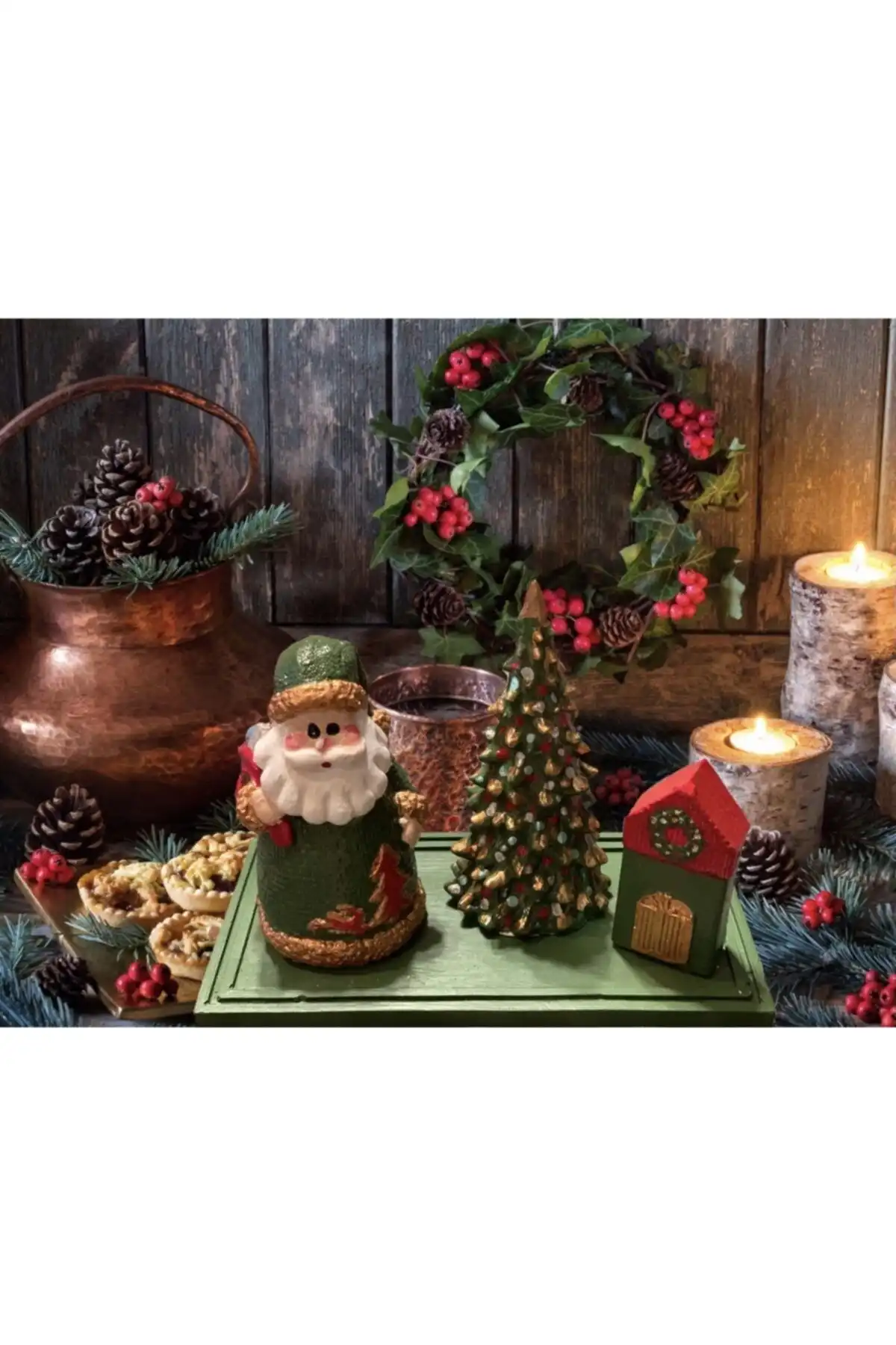 AlohamoraShop Tabaklı Yılbaşı Dekoratif Noel Baba Biblo Seti ile Evinizi Süleyin