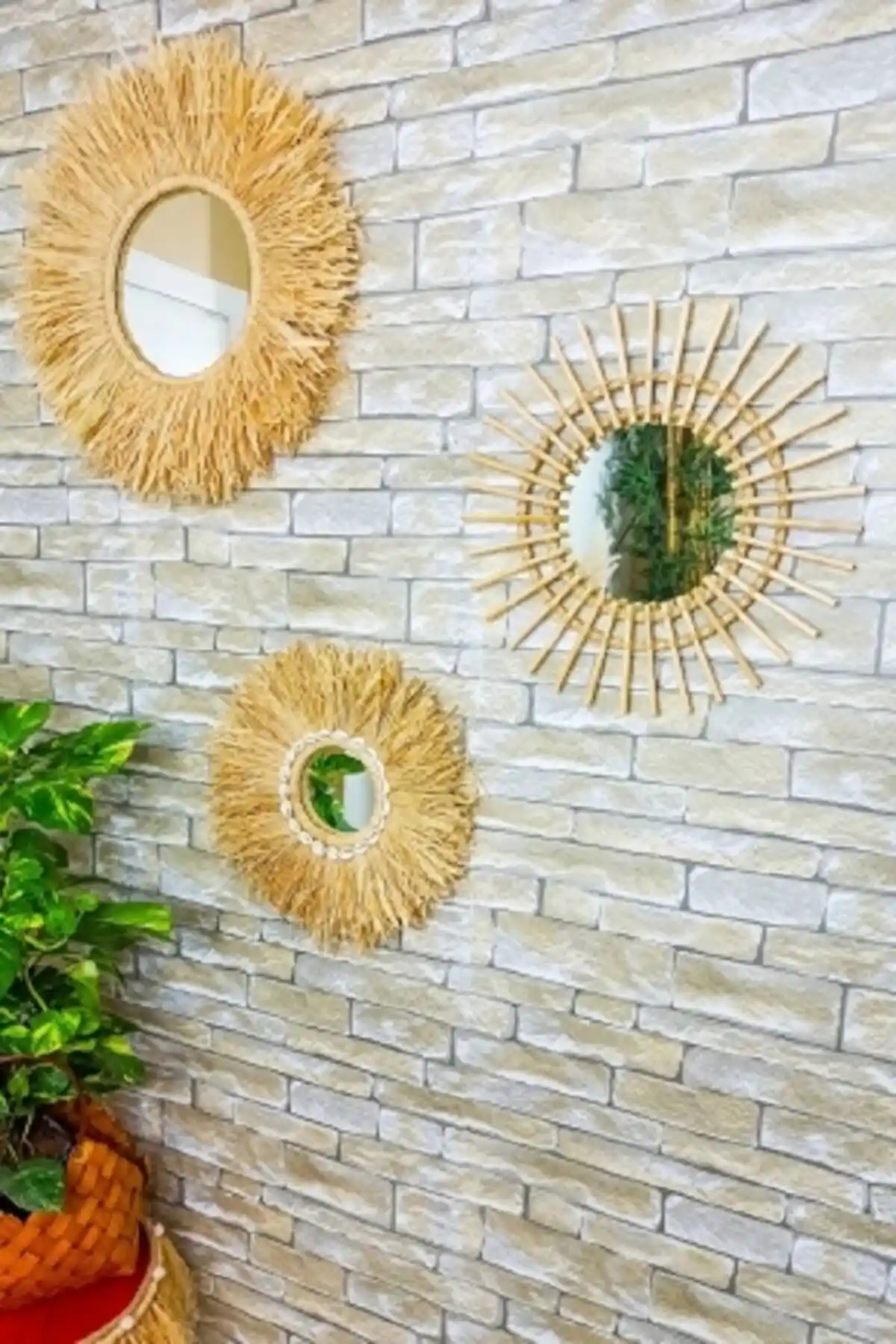 Bubihome Bohem 3'lü Rafya Ayna & Bambu Ayna Seti ile Mekânınızı Güzelleştirin