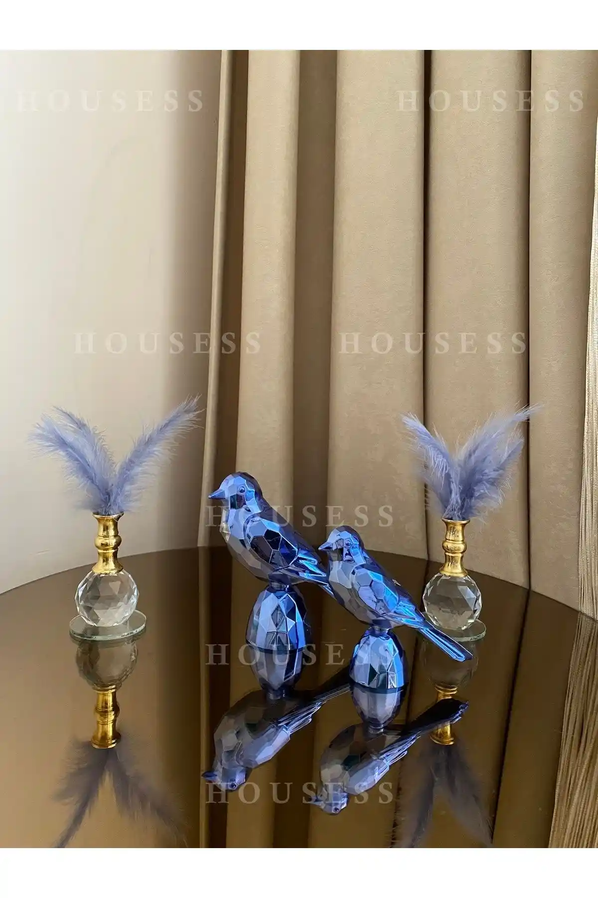 HousessDekoratif 2'li Kuş ve 2'li Tekli Tüylük Seti Biblo Süs ile Evinizi Şık Hale Getirin