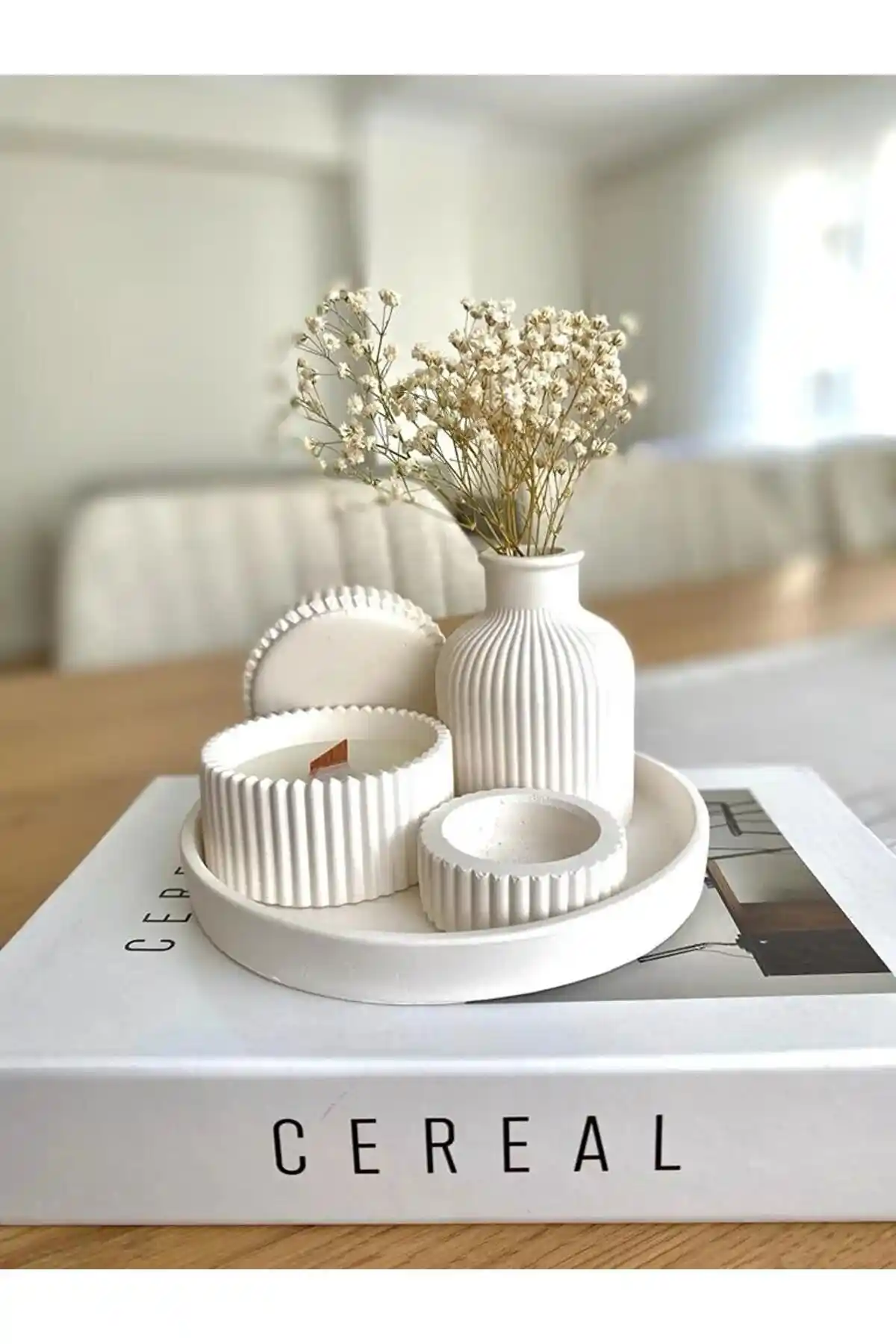 Havalı Tasarım Beyaz Vazo Oval Tepsi Kutuda Mum Ve Tealight Mumluk Dekorasyon Seti