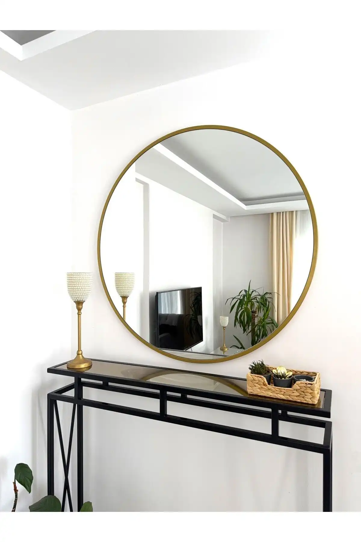EFFE YAPI DEKOR Gold Metal Çerçeveli Yuvarlak Ayna ile Modern Ev Dekorasyonu