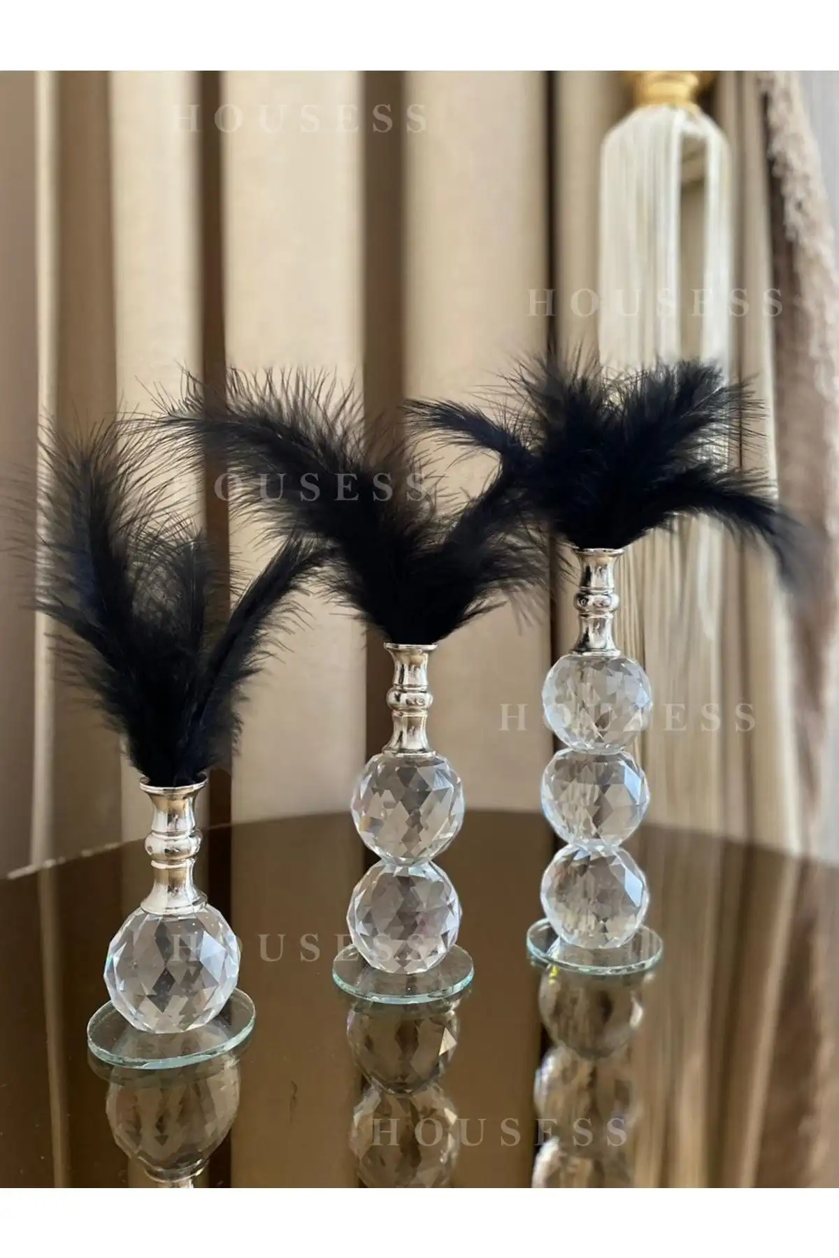 Housess 3'lü Siyah Tüylü Gümüş Kristal Top Biblo Süs ile Modern Ev Dekoru