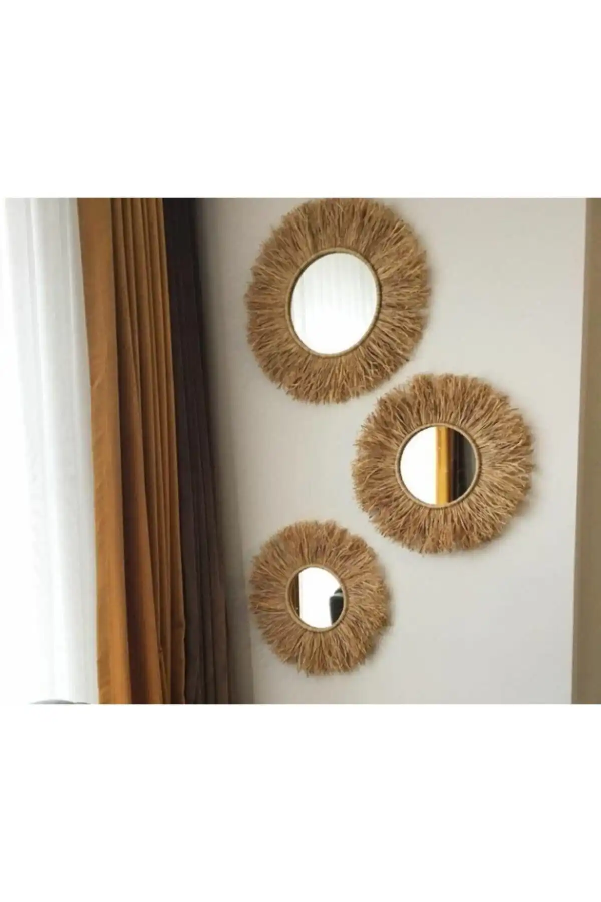 ÖZLEM HANDMADE Modern Ahşap Dekoratif Üçlü Rafya Ayna ile Mekânınıza Estetik Katın