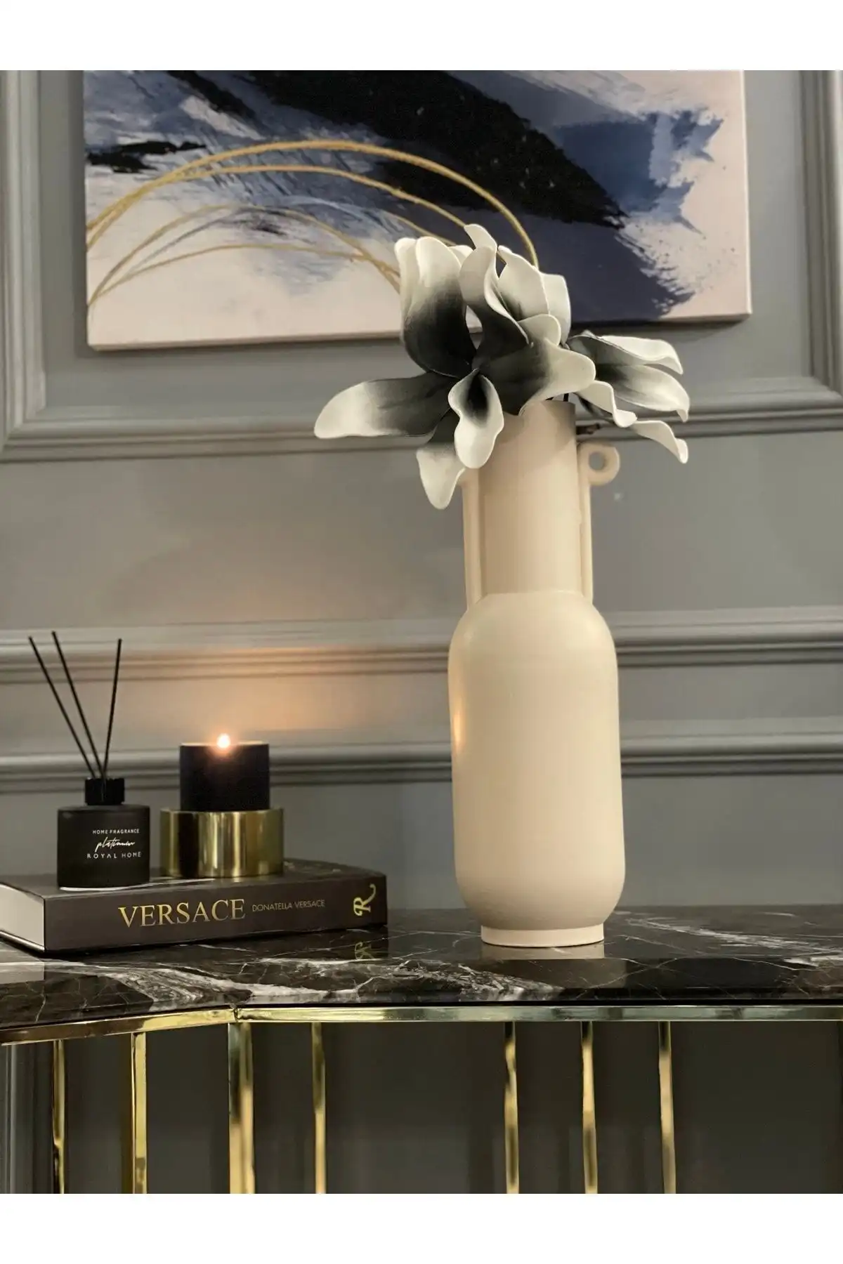 AstreHome El Yapımı Uzun Bej Renk Seramik Dekoratif Vazo - 40 Cm