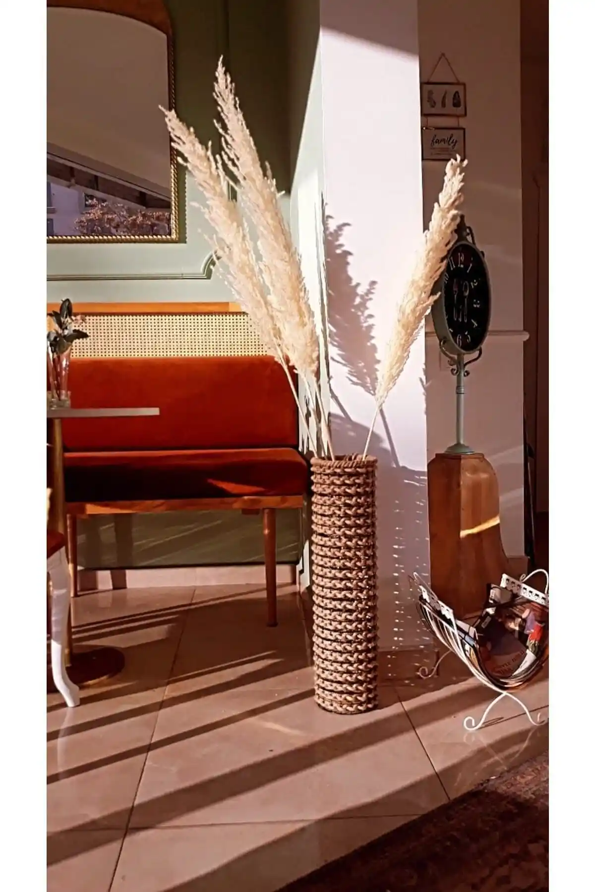 Egindra Metal Tel Hasır Örgülü Özel Tasarım Pampas Vazosu ile Modern Ev Dekorasyonu