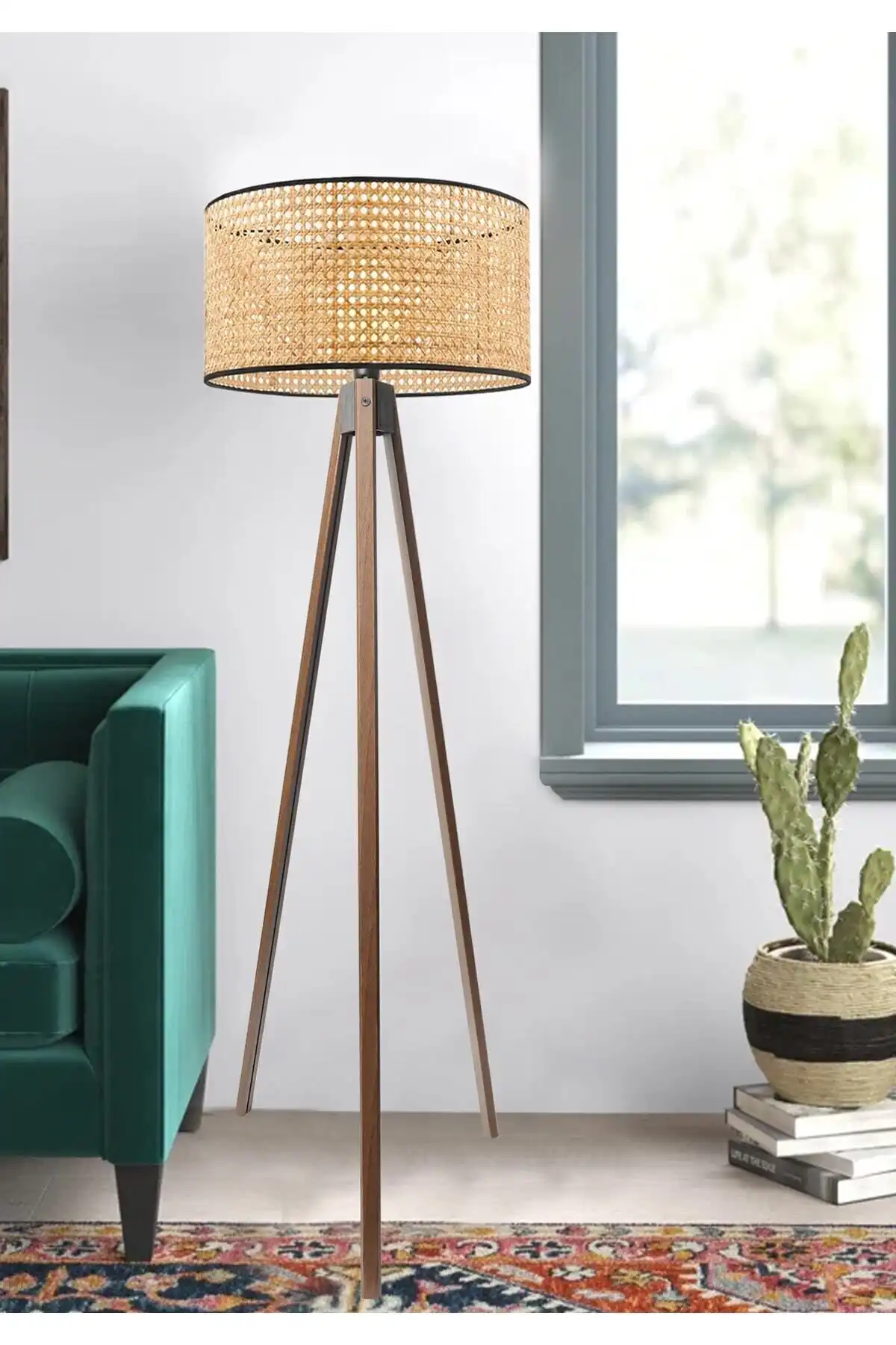 HOMİNG Hazeran Rattan Ahşap Ayak Tripod Lambader: Modern Tasarım ve Fonksiyonellik