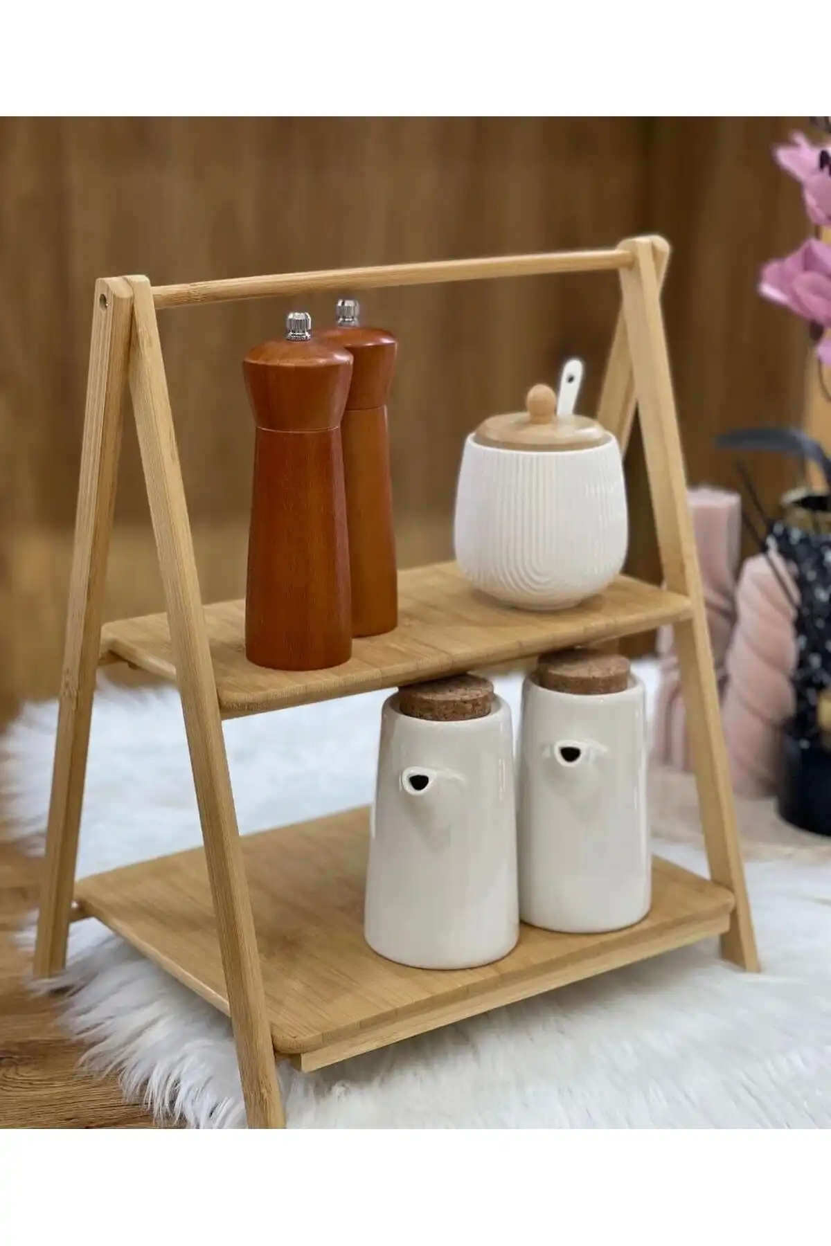 Bambu İki Katlı Sunumluk Baharatlık Rafı ile Mutfakları Modern Hale Getirin