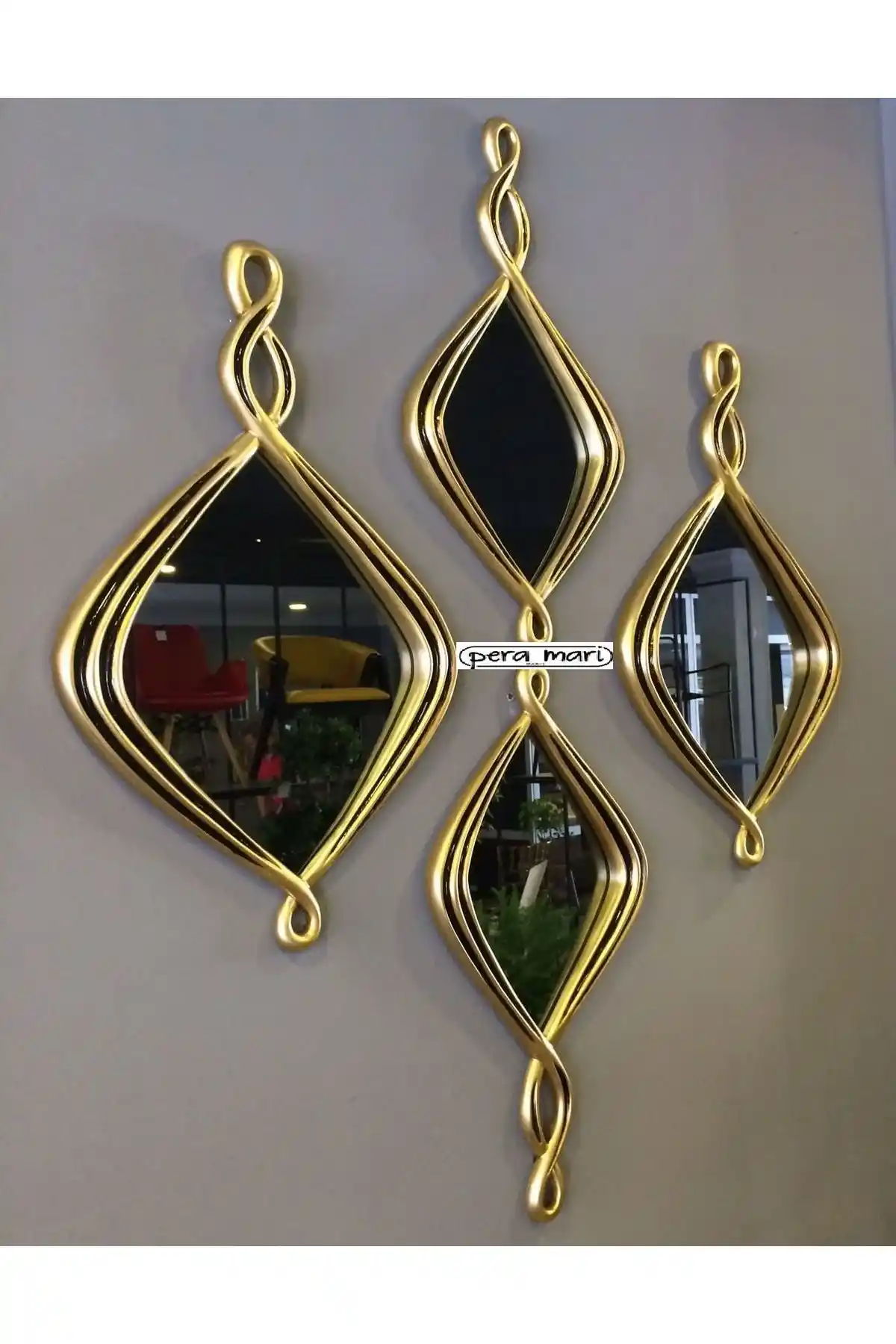 Peramari Dekoratif Polyester Dörtlü Damla Burgulu Lüks Salon Duvar Aynası Takımı