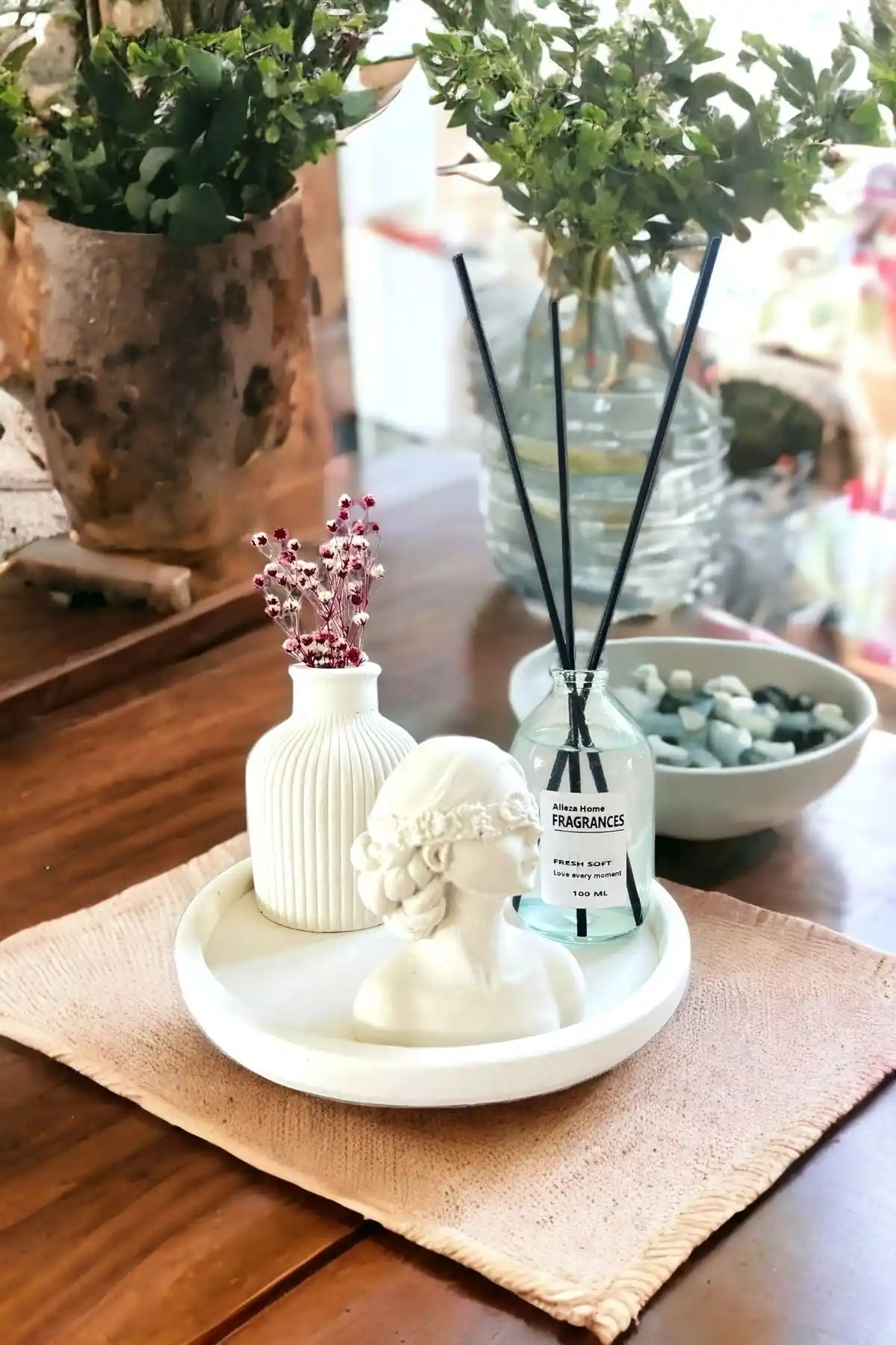 ALLEZA HOME Dekoratif Çizgili Kuru Çiçek Pampas Vazosu ile Şık Mekanlar Yaratın