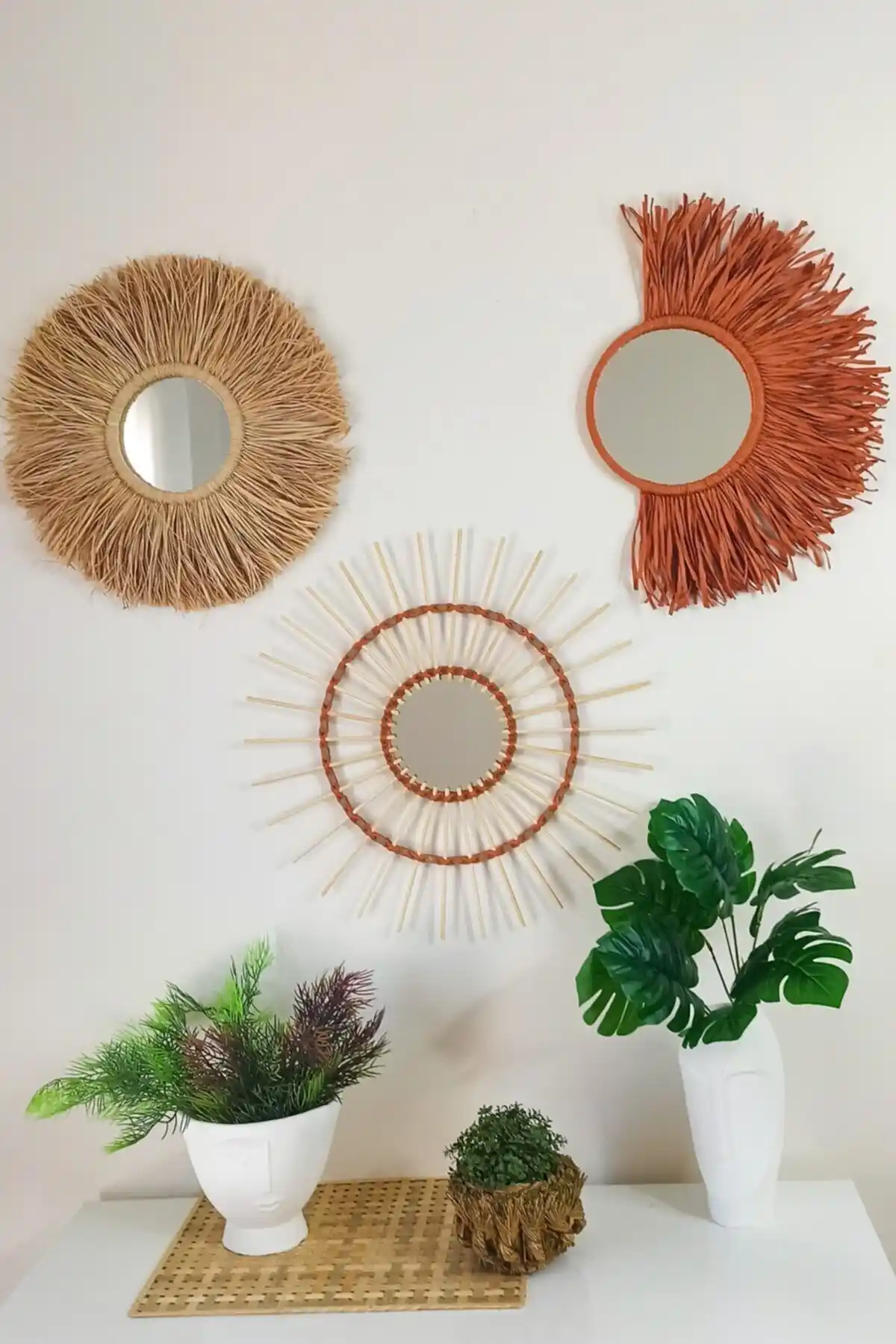 Bubihome Bohem Rafya ve Bambu Ayna Seti ile Evinizi Şıklaştırın