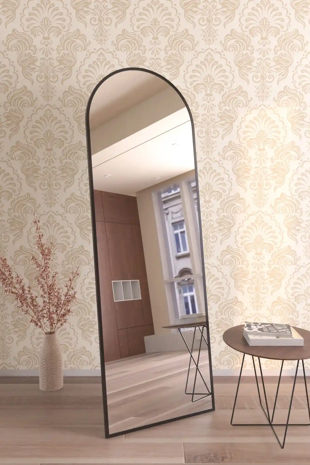 Hediyeler Kapında Oval Siyah Metal Çerçeveli Ayaklı Influencer Boy Aynası - Modern Tasarım